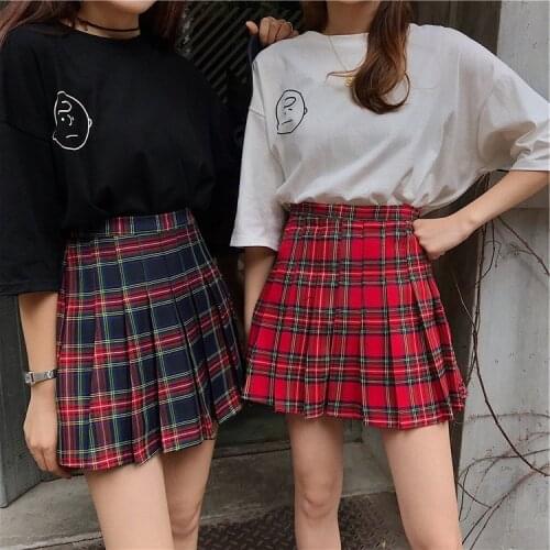 Autumn Women Plaid Pleated Skirt Red Enlarge size High-waisted Chequered Short Skirt Sexy Sweet A-shaped Mini Skirt New M-4XL