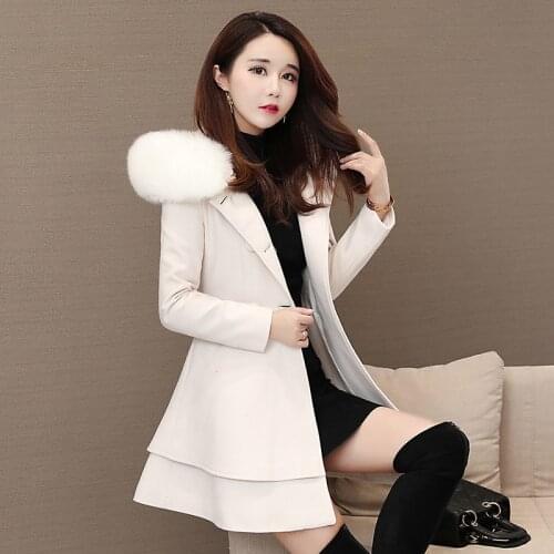 Womens Korean Autumn Winter Single-breasted Wool Coat Elegant Slim Fit Solid Hooded Woolen Coats Woman Warm Overcoat Red White