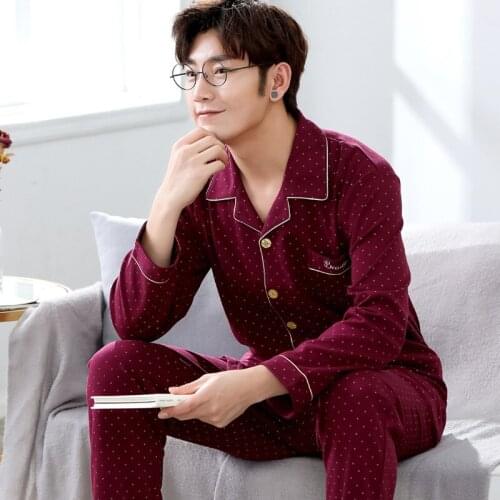 New Arrival 100% Cotton Spring Autumn Long Sleeve Thin Loose Elastic Waist Print Men Pajamas Set Plus Size L XL XXL 3XL 4XL