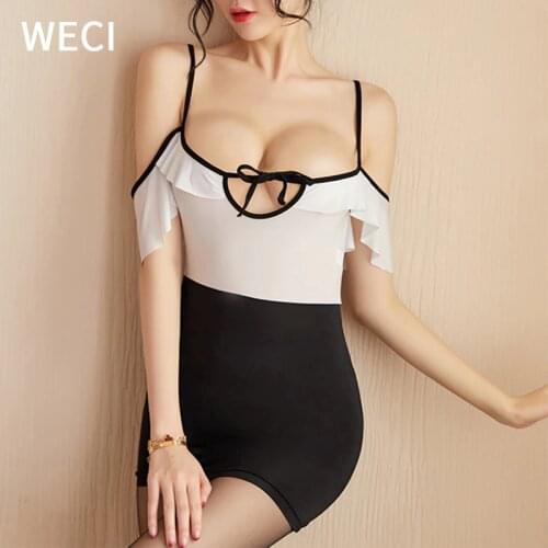 WECI Sexy Straps Lingerie Female Mini Dress Ice Silk Sling Sensual Clothes Women Costume Secretary Hollow Out Uniform Temptation
