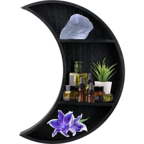 Moon Shelf Storage Rack Home Wall Decor Bookcase Crystals For Living Room Bedroom Bathroom Kitchen Hanging Black Wood Bookshelf
