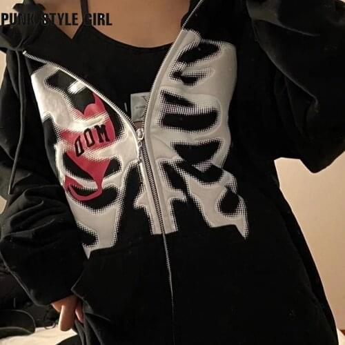 2021 New Fashion Hooded Sweater Skeleton Pattern Printed Zipper Long Sleeve Hoodie Casual Loose Street Wear Y2k Womens Top