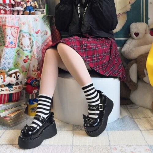 Black High Heel 7cm Platform Lolita Goth Shoes Gothic Dark Bat Style Loli Round Head Lolitas Womens Chain Punk Rivet Cosplay