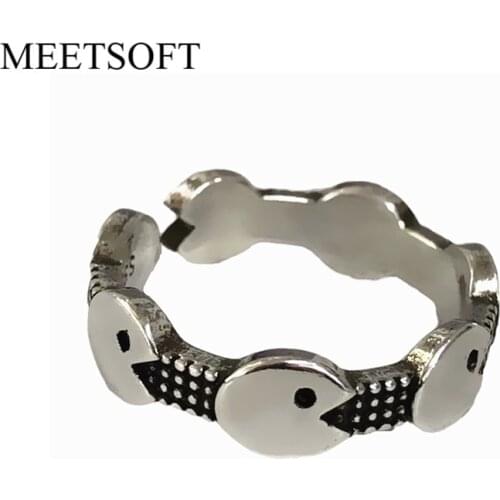 MEETSOFT Silver Plated Colour Opening Ring For Women Simple Adjustable Retro Circle Small Pac-Man Jewelry Gift