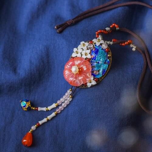 BOEYCJR Retro Ethnic Enamel Fish Stone Flower Necklace Handmade Jewelry Rope Chain Vintage Pendant Necklace for Women