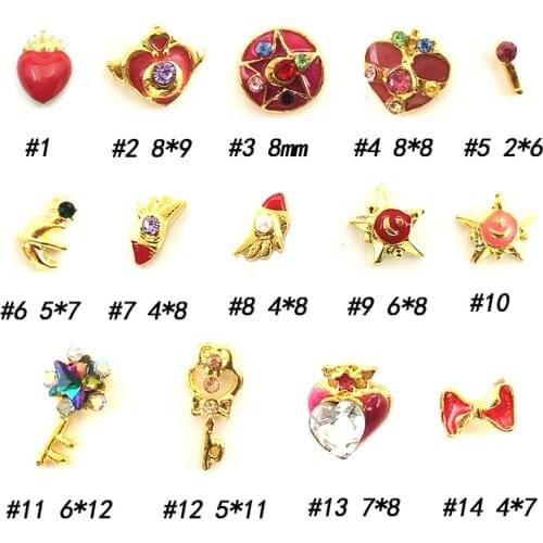 10pcs/pack Alloy Nail Art charms decal painting oil heart wing Magical key bow with rhinestone Metal Accessorie Nail Sticker DIY