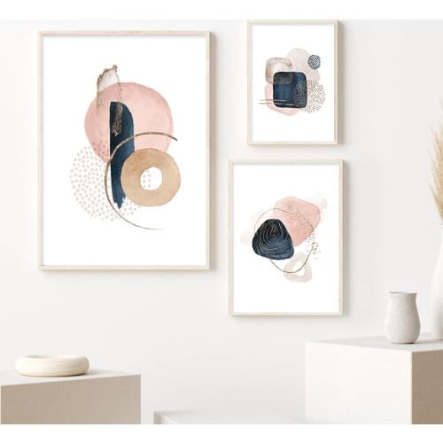 Abstract Watercolor Pink Beige Navy Blue Boho Geometric Canvas Painting Poster Print Wall Art Picture for Living Room Home Decor