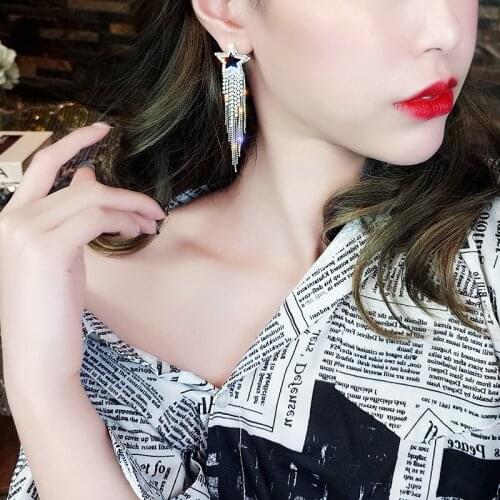925 Silver Needle Fashion Inlaid Diamond Five-Pointed Star Meteor Shining Princess Long Stud Earrings