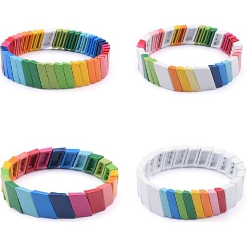 Enamel Tile Bracelets Metal Beaded Hematite Rainbow Bracelet Fashion Stackable Cuff Bangles Diy Bohemian Summer Beach Jewelry