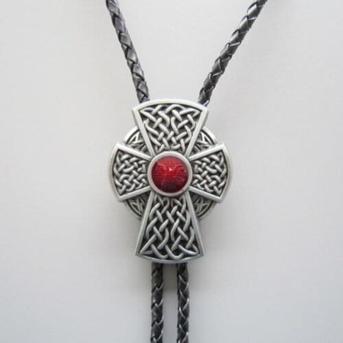 Retail New Red Enamel Vintage Celtic Iron Cross Knot Bolo Tie Wedding Leather Necklace Free Shipping BOLOTIE-WT060
