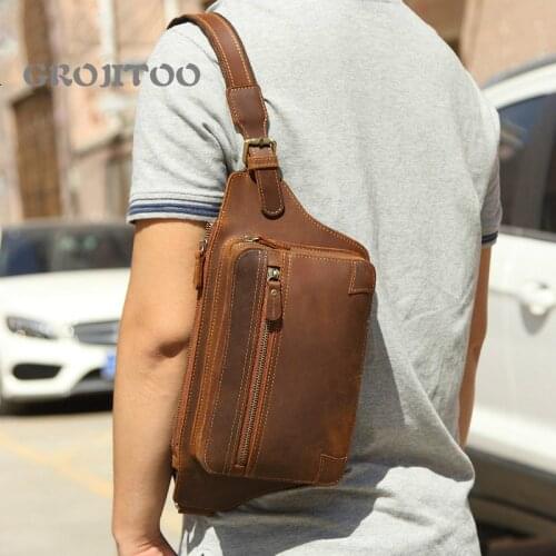 GROJITOO Shoulder Messenger Bag crazy horse leather mens leisure zipper waist bag Genuine leather mens chest bag