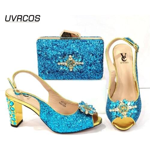 Italian Design 2021 New Arrival Nigerian Crystal amd Appliques Decoration Style Sky Blue Color Women Shoes and Bag Set for Party