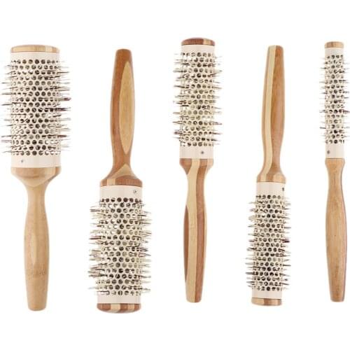 Nylon Bristle Round Hair Roller Brush Natural Wood Handle Hairbrush Combs