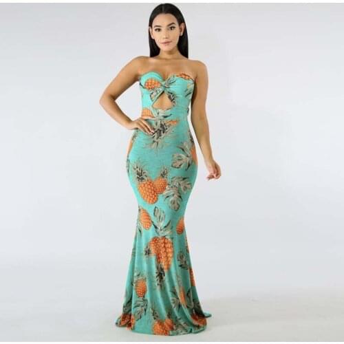 Summer Sexy Strapless Party Long Dress Women Fashion Pineapple Print Club Tight Fishtail Dress Milk Silk Low Cut Maxi Dresses
