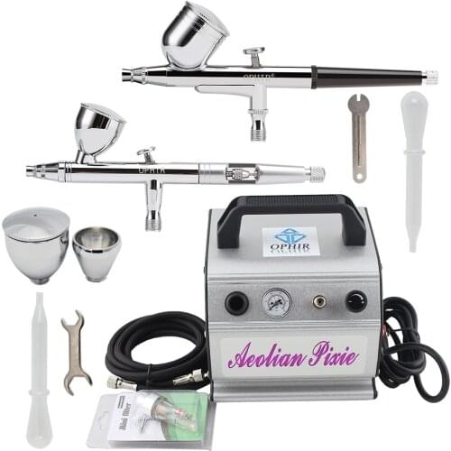 OPHIR Body Paint 2-Airbrush Kit Dual Action Gravity Paint Gun Compressor Set for Hobby Tattoo Nail Art Makeup _AC088+AC004+AC006