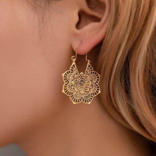 New Arrival Hoop Dangle Earrings 2020 Fashion Femme Antique Silver Color Gypsy Indian Tribal Ethnic Hoop Dangle Mandala Earrings