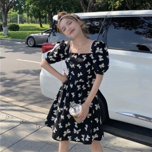 Summer Chic Sweet Style Woman Dress Bow Square Collar Female clothing Puff Sleeve Beading A-line Short Dresses Korean Fashion