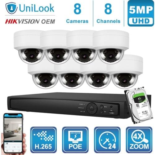 UniLook 8CH NVR 4/6/8Pcs Bullet Dome POE IP Camera Outdoor Security System Hikvision OEM Onvif Night Vision H.265 NVR Kit P2P