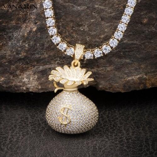 VANAXIN Money Bags US Dollors Charms Pendants&Necklaces For Men Women Hip Hop Fashion Jewelry Zircons Full Paved Shiny Jewels