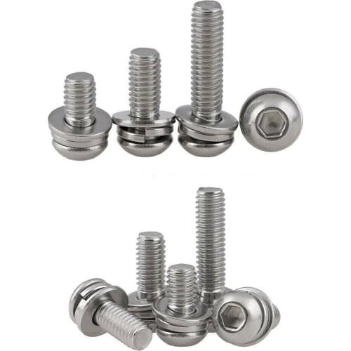 10pcs M3M4M5M6 304 Round head hexagon socket screw with flat washer and spring washer