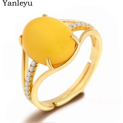 Yanleyu Unique Design Gold Jewelry Natural Yellow Chalcedony Stone Open Ring Adjustable Size Rings for Women Gift PR136