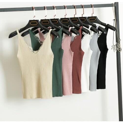 2020 Spring New Hook Flower Lace Solid Stitching V-neck Camis Female Knitted Short Section Slim Outer Wear Shirt Trend Tank Tops