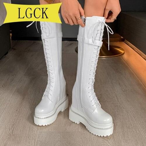 Plus Size 34-41 Hot Sale Spring Autumn Lacing Knee High Boots Women Fashion White Woman Flat with Shoes Winter Genuine Leather