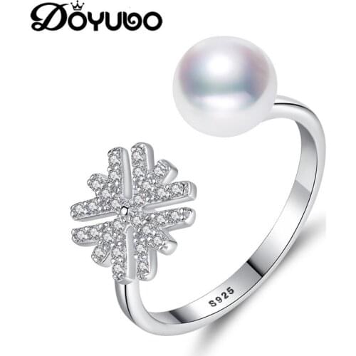 DOYUBO Lady Sterling Silver Freshwater Pearl Ring Cubic Zirconia Snowflake Wedding Rings Jewelry Women Fashion Accessories VB327