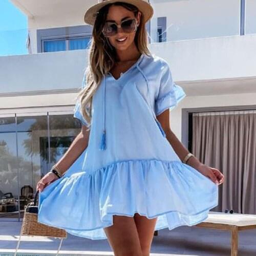 Women Summer mini Dress Fashion V-neck Lace up Casual Loose Ruffle Short Sleeve dresses for women 2021 Robe Femme white