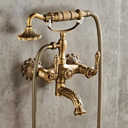 Antique Brushed Brass Bath Faucets Wall Mounted Bathroom Basin Mixer Tap Crane With Hand Shower Head Bath & Shower Faucet