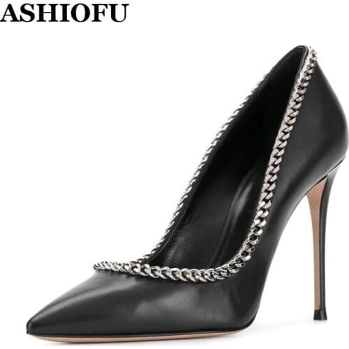 ASHIOFU New Handmade Womens High Heels Pumps Metal-chains Party Prom Shoes Plus Size Classic Evening Fashion Pumps Court Shoes