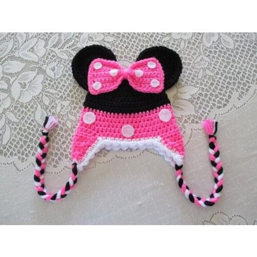 Free shipping, Crochet for Childrens Cartoon Hat baby Photography prop 100%cotton pink,black with pink bow