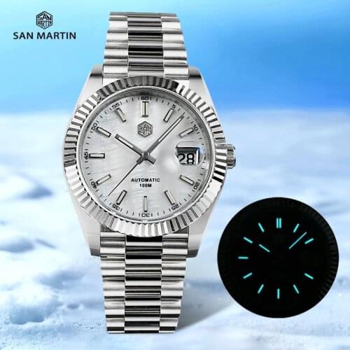 San Martin Men Watch 40mm Retro Date Just V2 MOP Dial Carving Bezel 100m Business Luxury Sapphire Automatic Mechanical Watches