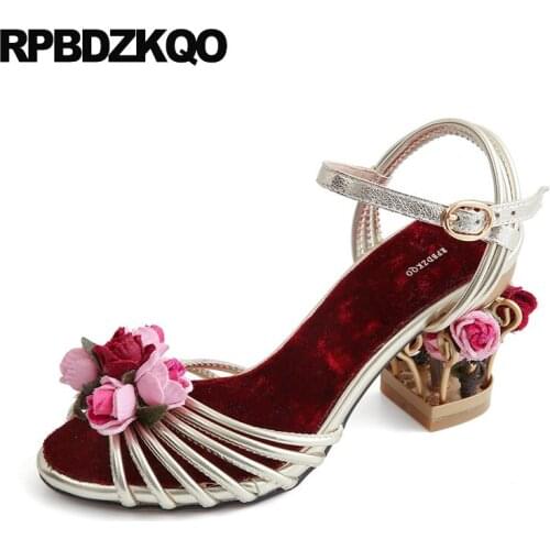Flower Women Embellished Shoes Genuine Leather Cute Double Strap Sandals Famous Brand High Quality Thick Gold Peep Toe Pumps