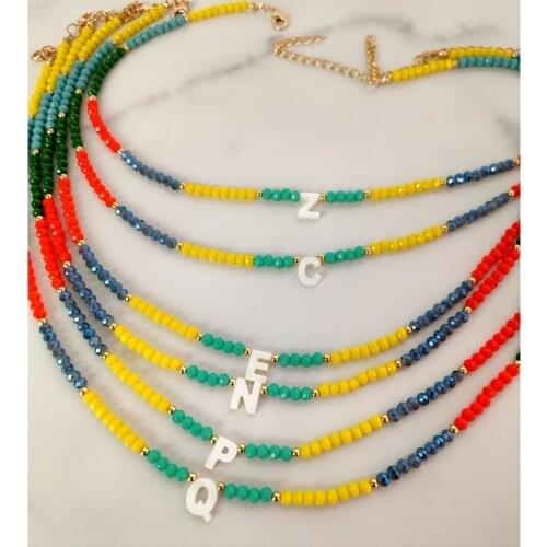 Exclusive Natural Shell Letter Crystal Beaded Chain Necklace Women Colorful Faceted Glass Bead Strand DIY Personality Jewelry