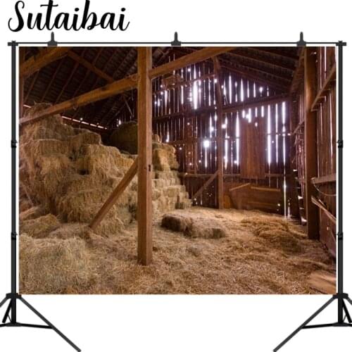 Rustic Wooden Farmhouse Interior Straw Stack Hay Bales Nativity Background Baby Birth of Jesus Christ In Stable Photo Studio