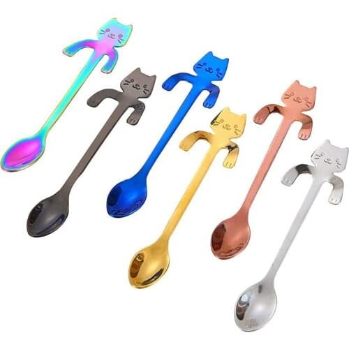 Mini Cat Coffee Spoon, Stainless Steel Hanging Cup Teaspoons Demitasse Mini Kitten Design Stirring Spoon Cute Utensil for Tea