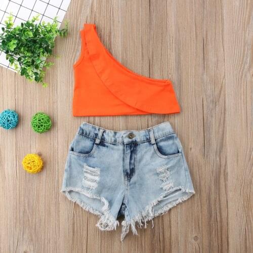 1-6Y Fashon Girls Clothes Sets Kids Sloppy Shoulder T-shirt Tops Ripped Denim Shorts 2pcs Outfits Summer Children Clothing
