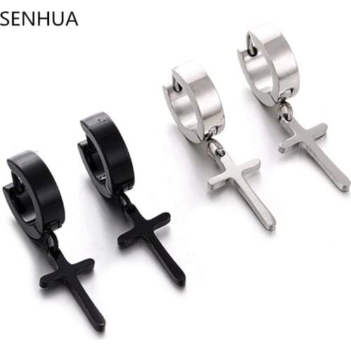 SENHUA Fashionboy mens Punk style Stainless steel Cross Hoop earrings Jewelry for Men Womens Cool Cross Earrings Gifts ME247
