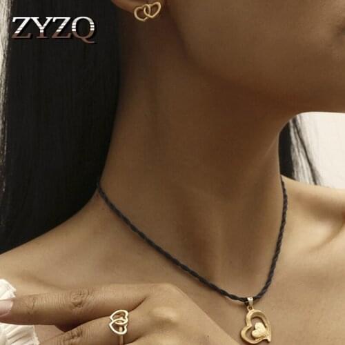 ZYZQ Romantic Heart Earrings Necklace Set For Women Gold Color Metal Love Chain Jewelry Sets Wedding Valentines Gift