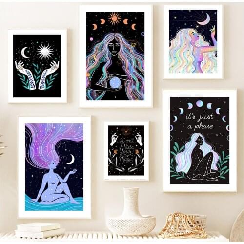 Witch Moon Sun witchcraf Flower Leaf Wall Art Canvas Painting Nordic Posters And Prints Wall Pictures For Living Room Boho Decor