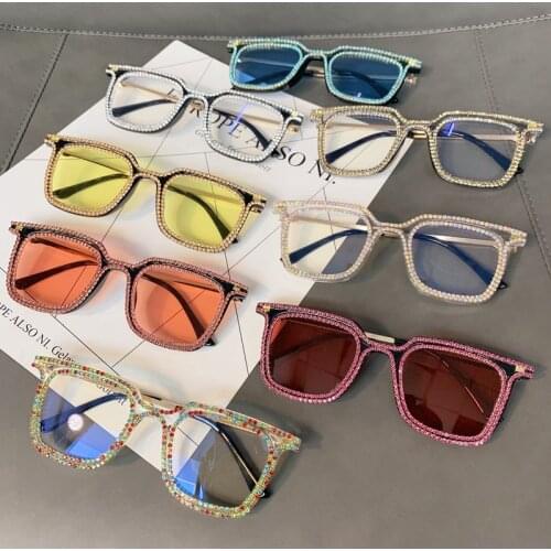 New Fashion Square Brand Design Sunglasses Women Luxury Bling Rhinestone Sun Glasses Oversized Frame Eyeglasses Vintage Shades