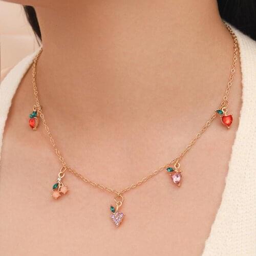 Cute Cherry Grapes Crystal Choker Gold Collares Chain Rhinestone Pendant Necklaces For Women Jewelry Gifts