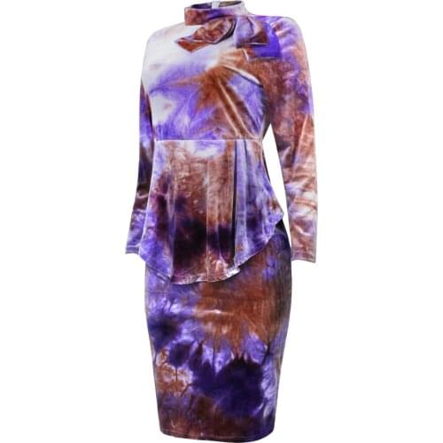 Plus Size Clothes Women Autumn Winter Tie-dye Printing Korean Velvet Dress Bowknot Long Sleeve Lady Office Elegant Bodycon Dress
