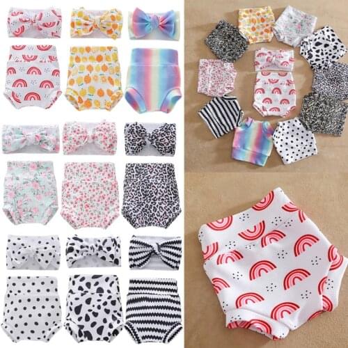 Baby Infant Toddler Girls Shorts Floral Dots Loose Pants Underwear Boys Bloomer Princess Diaper Cover and Bowknot Headband Set