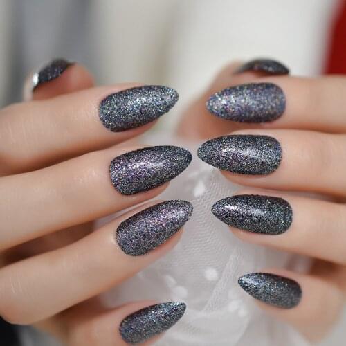 Dark Glitter Nails Almond Medium-Shrot Size Sharp Nails tips Fingernails Art Wholesale Gels Nails Detachable Reuseable Charming
