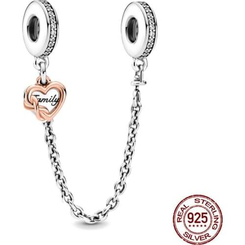 New 925 Sterling Silver Family Heart Safety Chain Charm Fit Original Pandora Bracelet Necklace DIY Women Jewelry Accessories