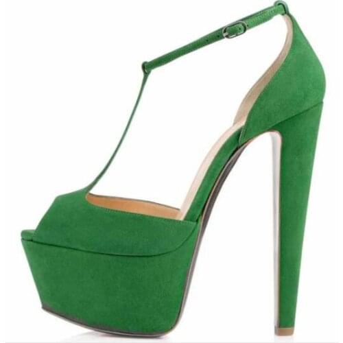 Moraima Snc Peep Toe Women Sandals Sumemr T-stap Platform Thick Heels Shoes Green Suede Super High Dress Shoes