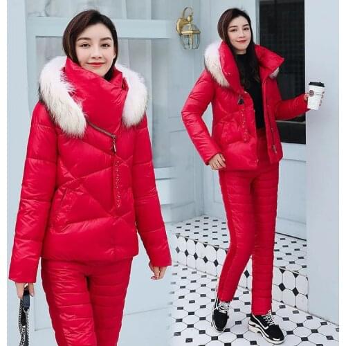 Two-Piece Women Cotton-Padded Jacket Suit 2021New Winter Fashion Solid Color Warm Hooded Fur Collar Women Cotton Jacket NBH128