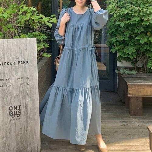 Johnature 2021 Autumn New Korean Solid Color Women Dresses Casual O-neck Loose Full Sleeve Tie Female Dress